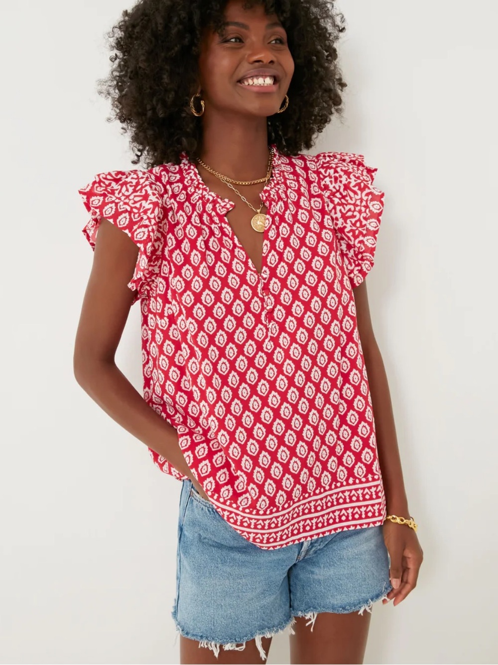 Vineyard Vines Lighthouse Red Tile Ruffle Top